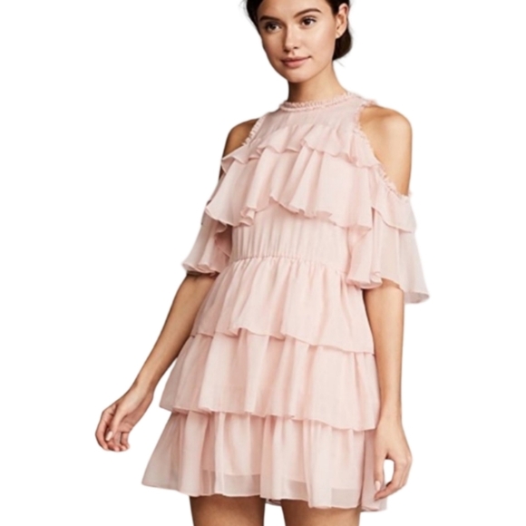 Alice + Olivia Nichola Cold Shoulder Ruffle Tiered Party Dress Blush Pink Size 8 - Picture 1 of 16